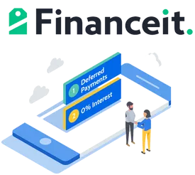 Logo Financeit with a cellphone and 2 anime characters talking